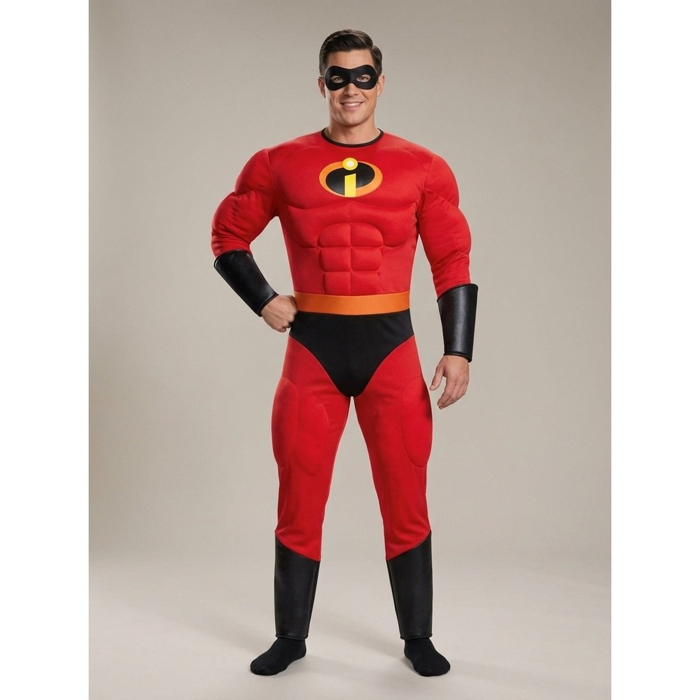Mr Incredible 2 Costume Men Adult Disguise Deluxe Muscle Red Jumpsuit Mask L/XL